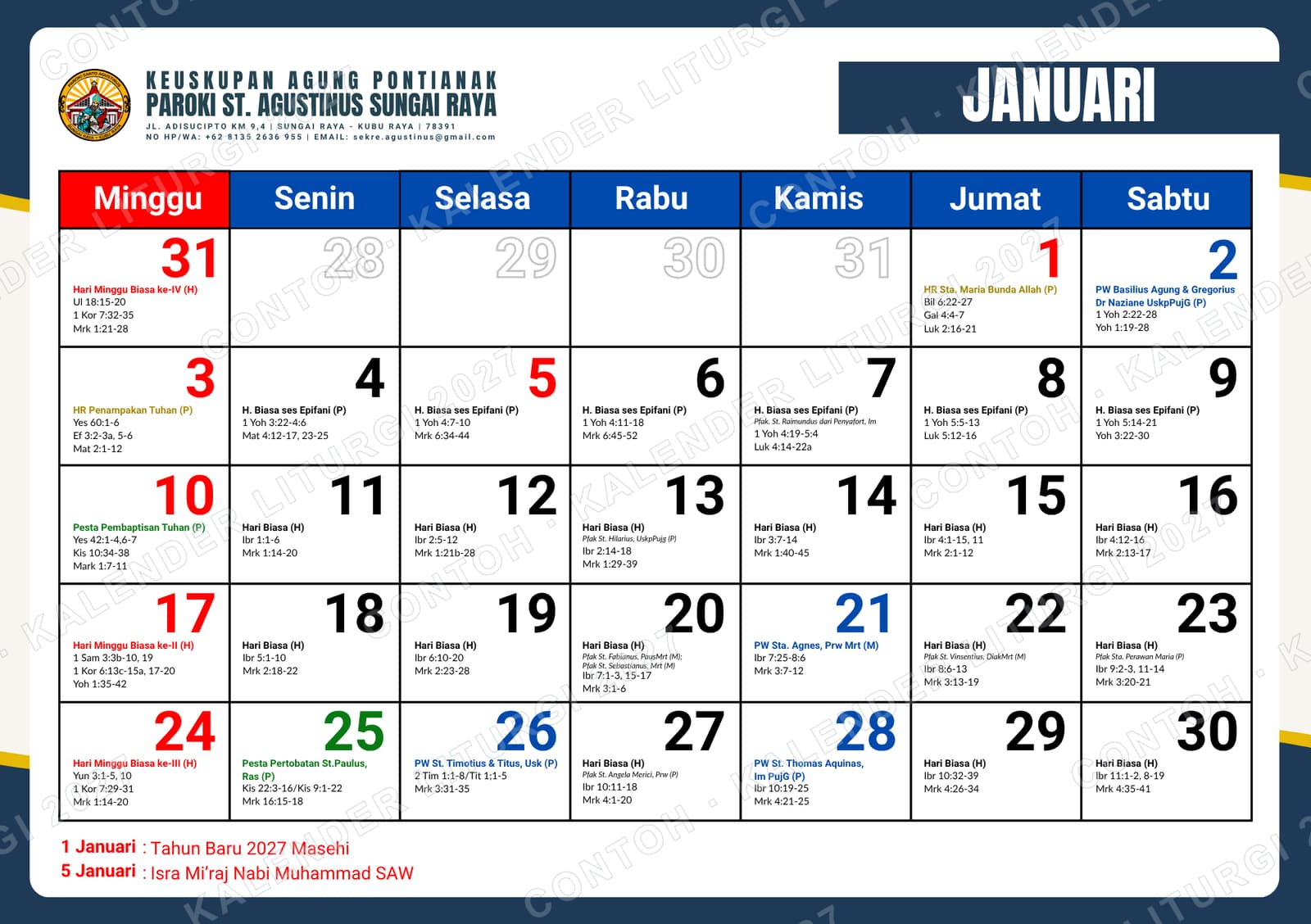 Halaman Januari 2027 pada Kalender Meja, dengan perayaan liturgi dan bacaan untuk setiap tanggal