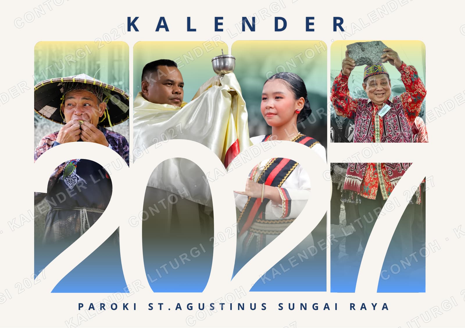 Sampul Kalender Meja 2027: tulisan Kalender 2027 berisi foto umat berpakaian adat, Paroki St. Agustinus Sungai Raya
